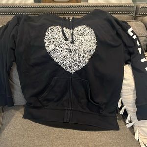 Victoria’s Secret Pink Black with White Jeweled Heart Zip Up Hoodie Oversized